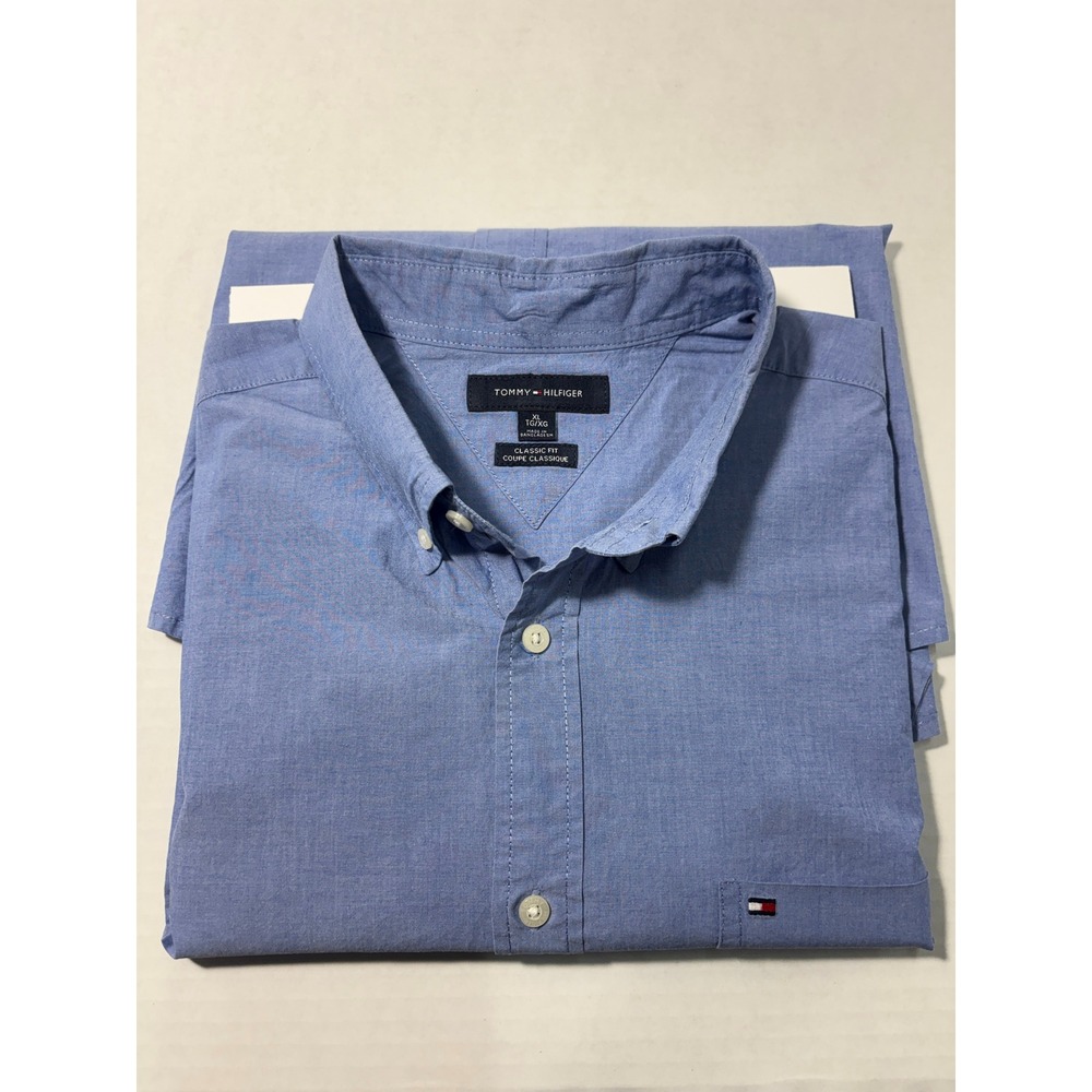 Tommy Hilfiger Mens Classic Fit Short Sleeve Button Down Shirt Blue XL - Picture 4 of 4